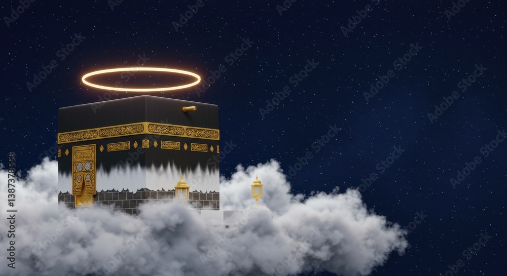 Fototapeta premium Kaaba on Clouds under Starry Night: A 3D Rendering of Islamic Holy Site
