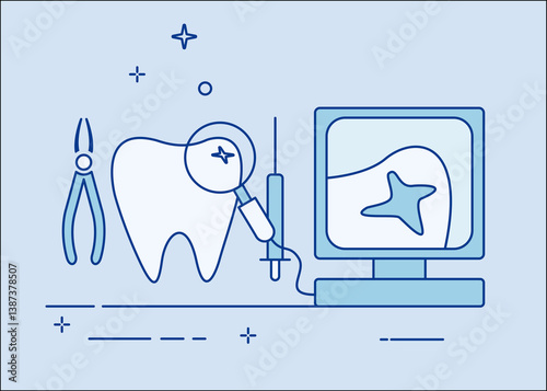 Dental Examination Illustration Tooth with Cavity Examined on Computer Screen