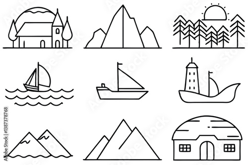 fjord line art scenic coastal landscape with sharp rocky cliffs  