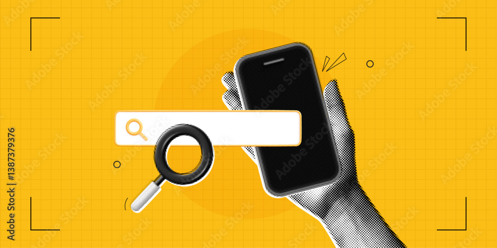 Trendy Halftone Collage Hand holds Phone with Magnifying glass and Search bar. Find information. Online hiring job. Seo marketing and promotion. Yellow poster. Contemporary vector illustration art