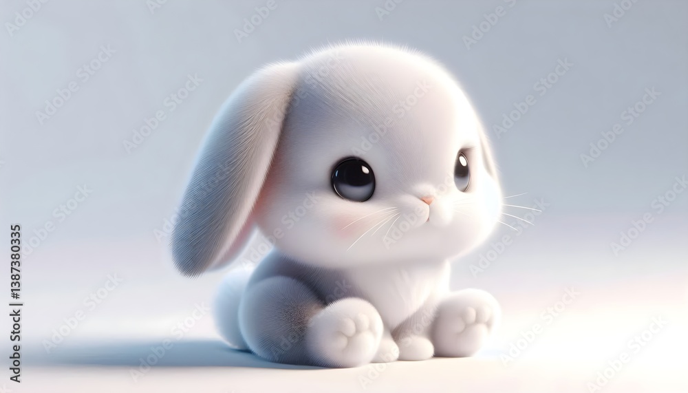 Fototapeta premium Baby rabbit with fluffy tail and gentle face sitting quietly on clean white background