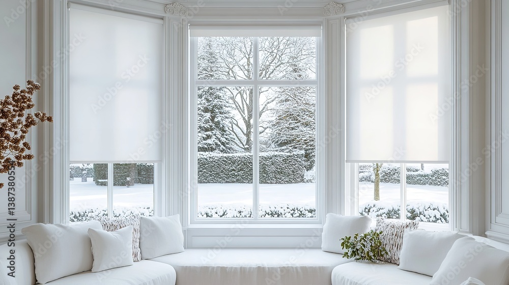 © Naim - White window blinds on bay window with winter scene outside