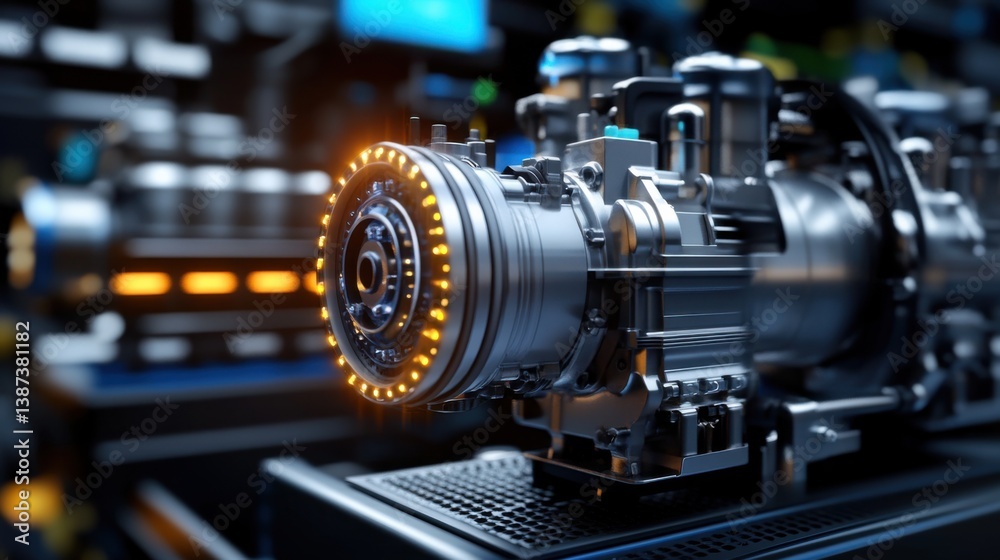 Fototapeta premium High-Tech Engine Component with LED Lights in Industrial Setting