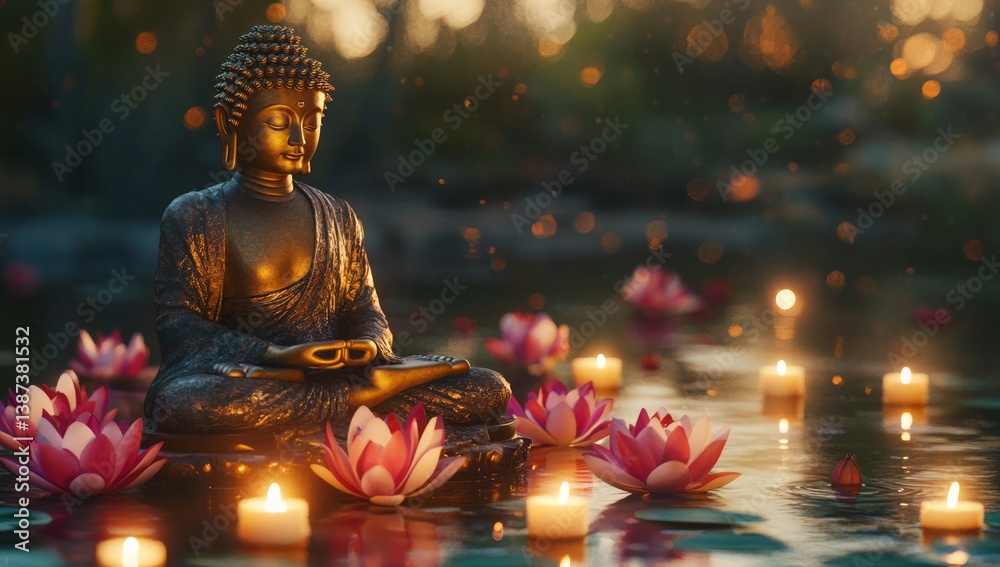 Fototapeta premium Tranquil Buddha Statue Amidst Candles and Lotus Flowers in Warm Ambient Light