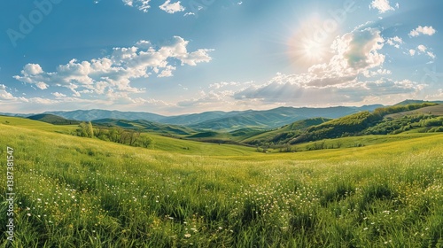 Panorama of rolling hills and grassy meadows in rural romanian mountains