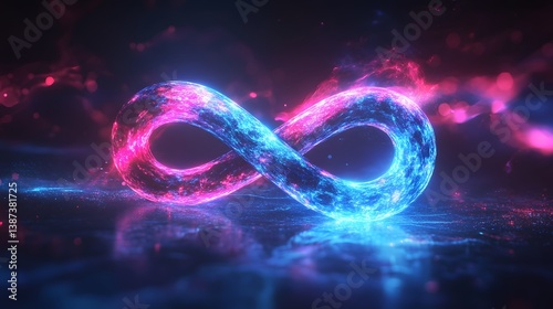 Glowing blue infinity symbol with light trails and neon energy flows against a dark background, representing an abstract cosmic concept.  