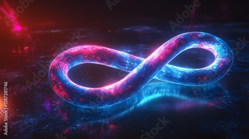 Glowing blue infinity symbol with light trails and neon energy flows against a dark background, representing an abstract cosmic concept.  