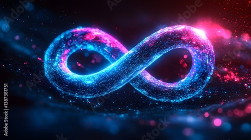 Glowing blue infinity symbol with light trails and neon energy flows against a dark background, representing an abstract cosmic concept.  