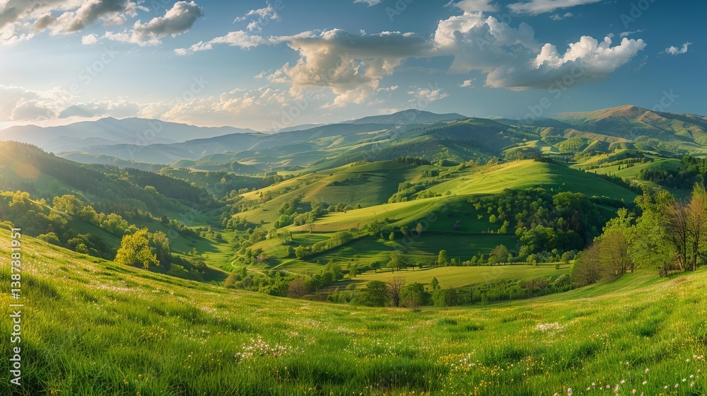 Obraz premium Panorama of rolling hills and grassy meadows in rural romanian mountains