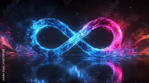 Glowing blue infinity symbol with light trails and neon energy flows against a dark background, representing an abstract cosmic concept.  