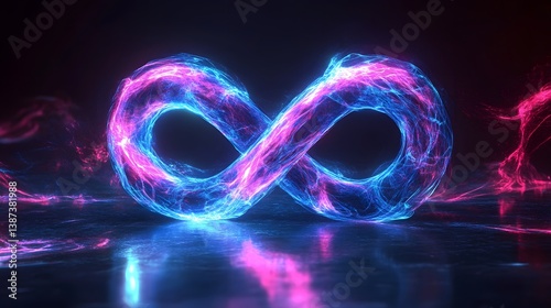Glowing blue infinity symbol with light trails and neon energy flows against a dark background, representing an abstract cosmic concept.  