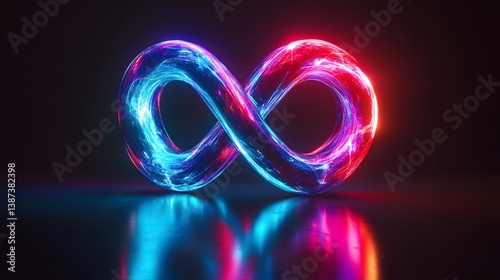 Glowing blue infinity symbol with light trails and neon energy flows against a dark background, representing an abstract cosmic concept.  