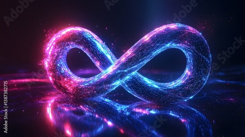 Glowing blue infinity symbol with light trails and neon energy flows against a dark background, representing an abstract cosmic concept.  