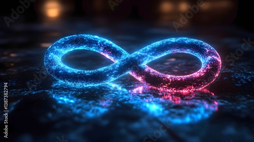 Glowing blue infinity symbol with light trails and neon energy flows against a dark background, representing an abstract cosmic concept.  