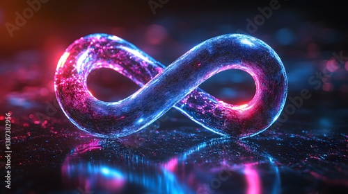 Glowing blue infinity symbol with light trails and neon energy flows against a dark background, representing an abstract cosmic concept.  