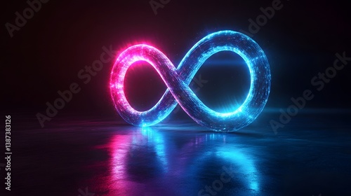 Glowing blue infinity symbol with light trails and neon energy flows against a dark background, representing an abstract cosmic concept.  