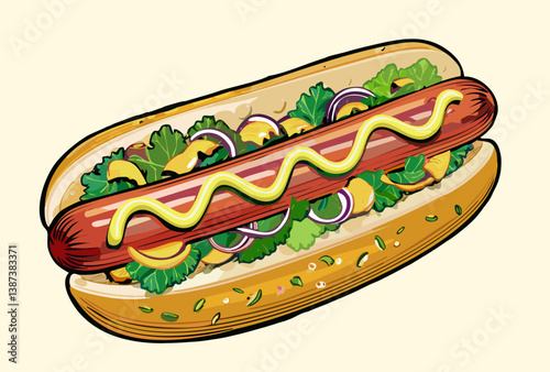 Tasty Hot Dog with Mustard and Fresh Toppings Vector Illustration