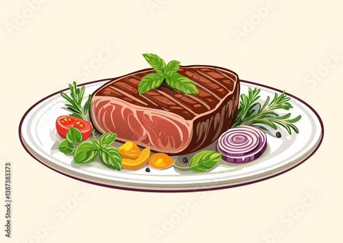 Beef Steak with Herbs and Vegetables on a Plate Vector Illustration