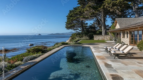 Coastal Home with Infinity Pool Overlooking the Pacific Ocean on Sunny Day