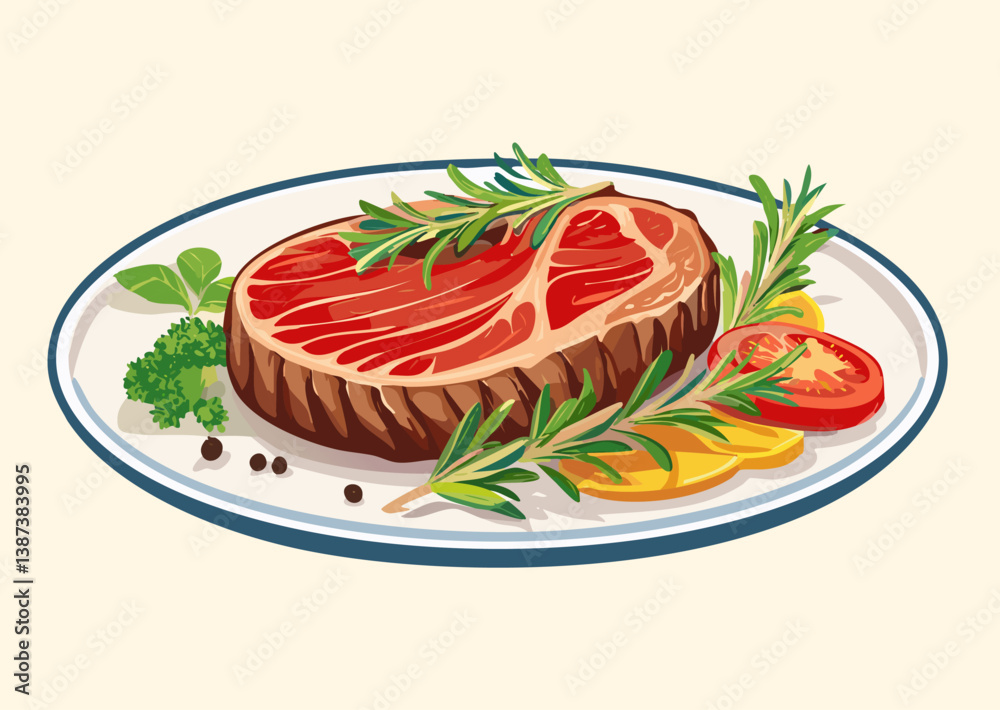 Beef Steak with Herbs and Vegetables on a Plate Vector Illustration Beef Steak with Herbs and Vegetables on a Plate Vector Illustration