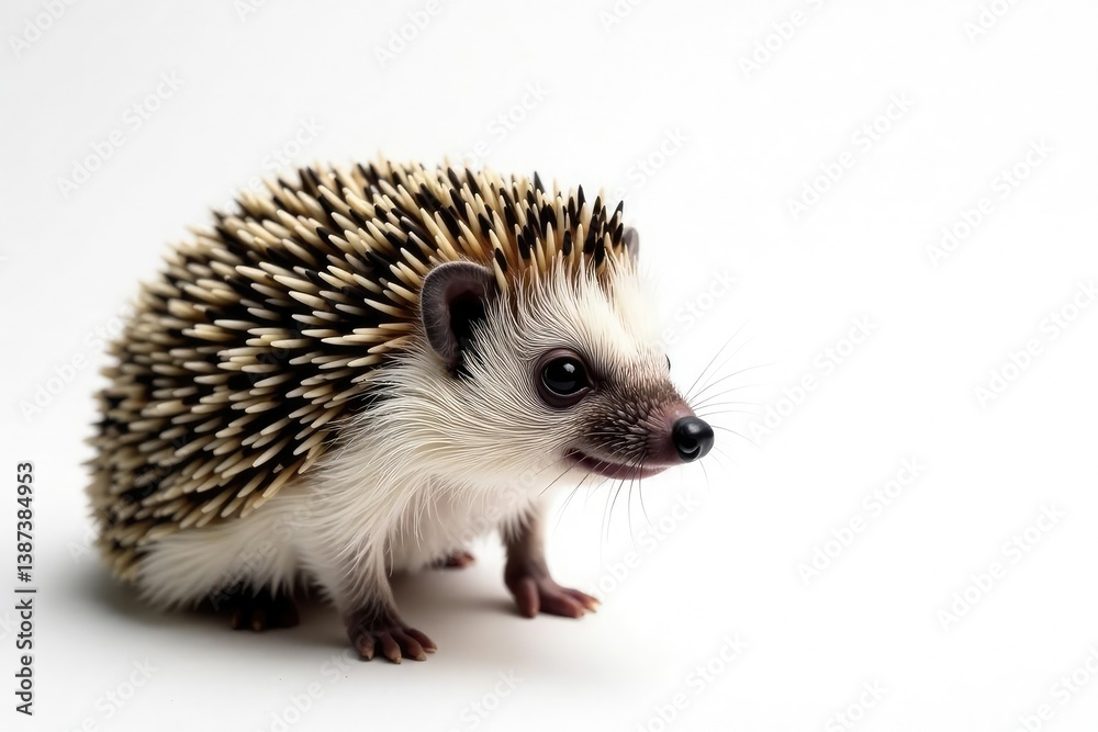 Close-up of a hedgehog's quills and face against stark white backdrop , brown, detail Close-up of a hedgehog's quills and face against stark white backdrop , brown, detail