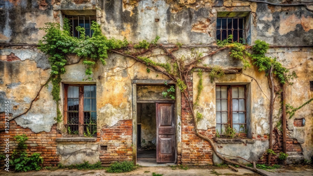 Overgrown facade of an aged building with weathered brick and plaster, featuring open doorway and windows Overgrown facade of an aged building with weathered brick and plaster, featuring open doorway and windows