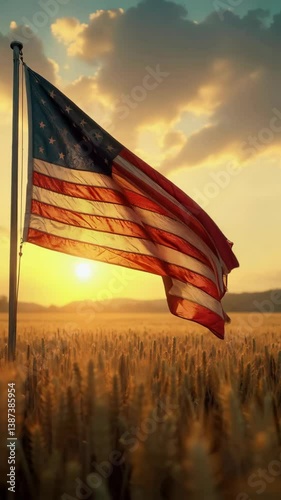American flag waving in a field of wheat at sunset for Independence Day celebration. 
