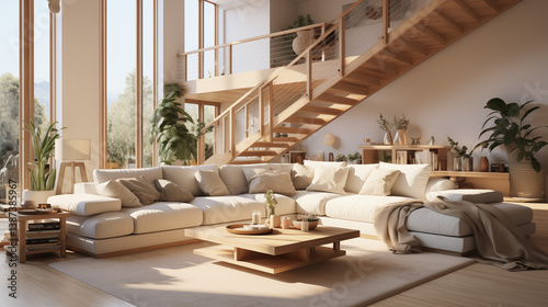 Wallpaper Mural Plan sur un salon moderne, avec mezzanine et décorations. Élégant, luxe. Lumières douces et plantes. Pour conception et création graphique. Torontodigital.ca