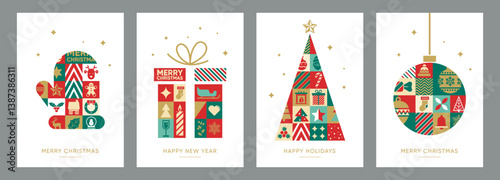 Geometric Christmas mosaic greeting cards. Merry Christmas and New Year modern abstract mosaic icons. Christmas tree, Christmas ornament and gift box. Vector illustration set.
