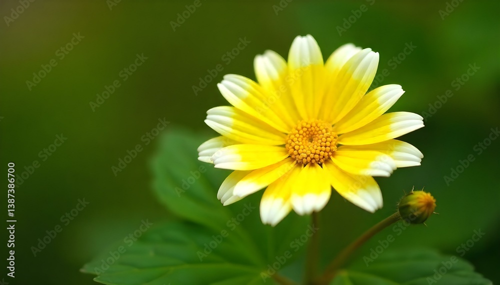 Fototapeta premium Close-up shot of a yellow daisy with white-tipped petals, surrounded by green leaves with finely divided segments, and a small bud, all resting on a thin, brown branch