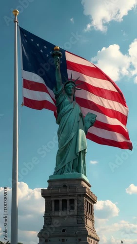Statue of Liberty with waving American flag for Independence Day anniversary celebration. 