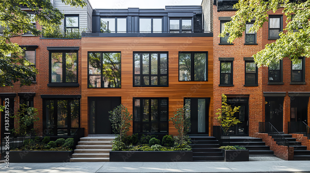 Fototapeta premium Modern row houses with wooden facade and large windows