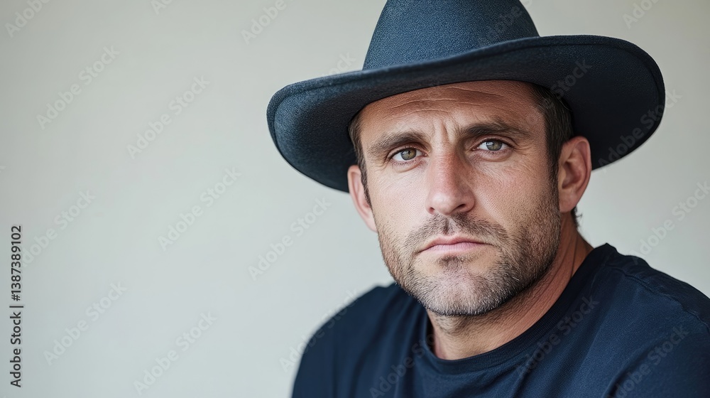 A high-resolution portrait shows a man wearing a dark felt hat. He has a serious expression. The background is a plain, light grey. The image is professionally lit, creating a moody atmosphere. The A high-resolution portrait shows a man wearing a dark felt hat. He has a serious expression. The background is a plain, light grey. The image is professionally lit, creating a moody atmosphere. The