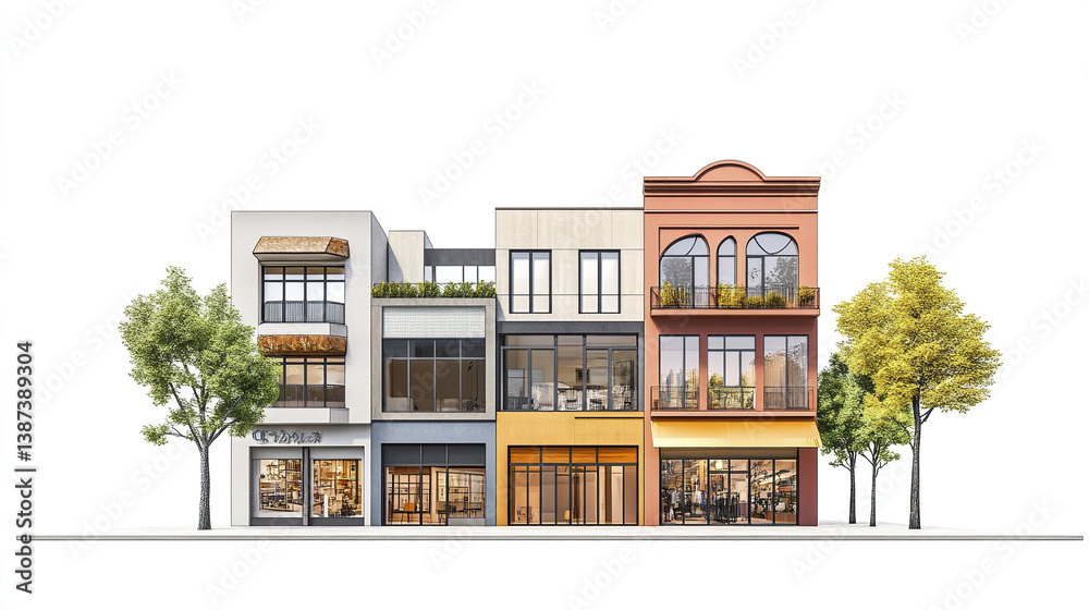 Shophouses with modern and classic design elements, trees in front Shophouses with modern and classic design elements, trees in front