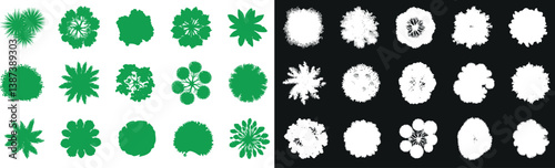 Tree top view silhouette set, perfect for architectural plans and landscape design. Includes isolated green and white tree top icons in vector format. Ideal for urban planning and garden layouts