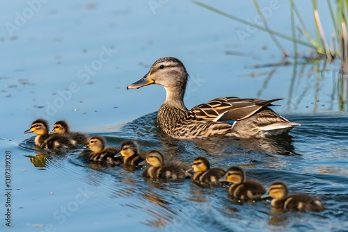 Two wild mallard ducks, a drake and a hen, swim on the green water of a tranquil lake, their feathers reflecting nature