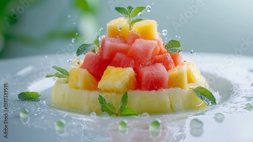 A refreshing fruit salad with watermelon, pineapple, and mint. Featuring sweetness and hydration