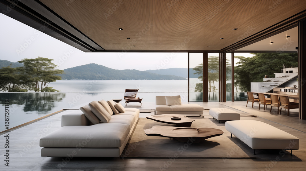 Fototapeta premium Maison d'architecture moderne, salon avec canapé, villa de luxe avec vue sur la nature. Maison d'architecte, grande baie vitrée. Arrière-plan pour conception et création graphique.