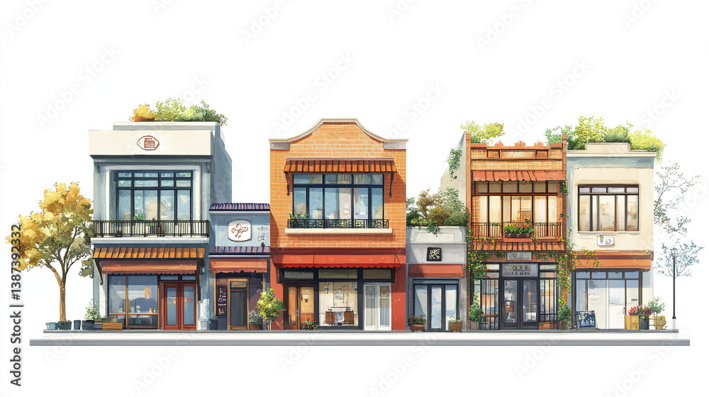 Charming shophouses with vibrant awnings and greenery create lively street scene Charming shophouses with vibrant awnings and greenery create lively street scene