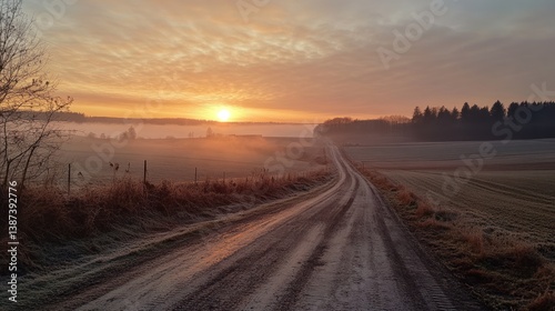 Sunrise over a misty rural road winding through fields.