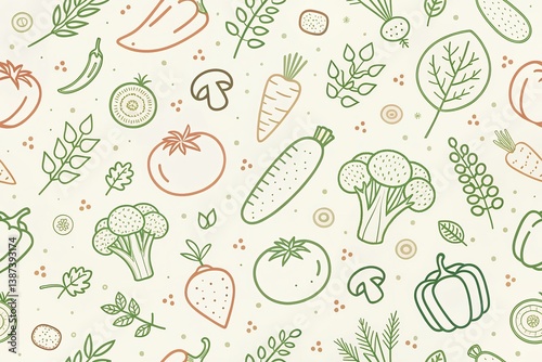A vibrant garden bounty, a cheerful pattern of fresh vegetables and herbs, in soft earthy greens and browns.