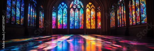 Stained glass windows in a building casting colorful light on