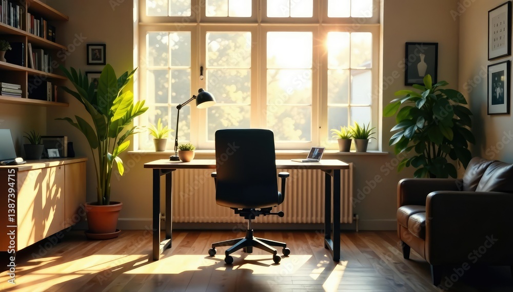 Fototapeta premium Empty chair at desk facing window, sunlight streaming in, solitude, theme, graphic
