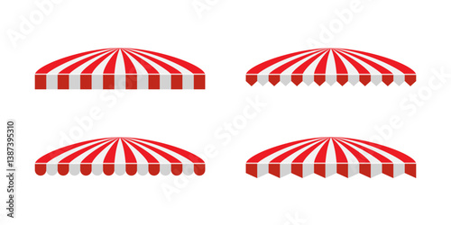 Red and white striped awning set. Collection of different shop canopies. Storefront sunshade elements for market stalls, cafes, outdoor shops. Realistic vector illustrations.