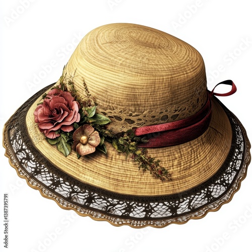 Straw hat with floral decoration and ribbon on a white