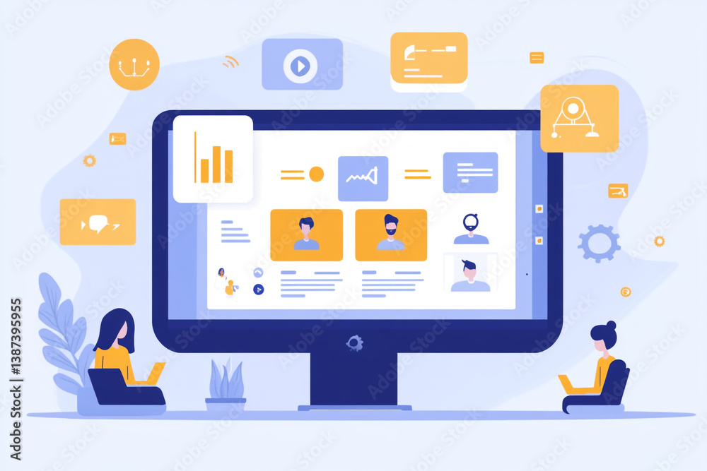 Digital Workspace Illustration: Visualize a modern office environment, with animated icons hovering above a sleek computer screen. Two professionals immerse themselves in their work using a laptop. Digital Workspace Illustration: Visualize a modern office environment, with animated icons hovering above a sleek computer screen. Two professionals immerse themselves in their work using a laptop.