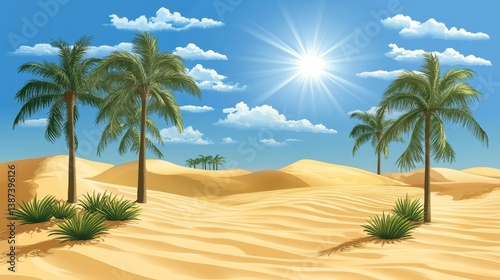 Obraz na płótnie Desert landscape with oases and bright sun w salonie