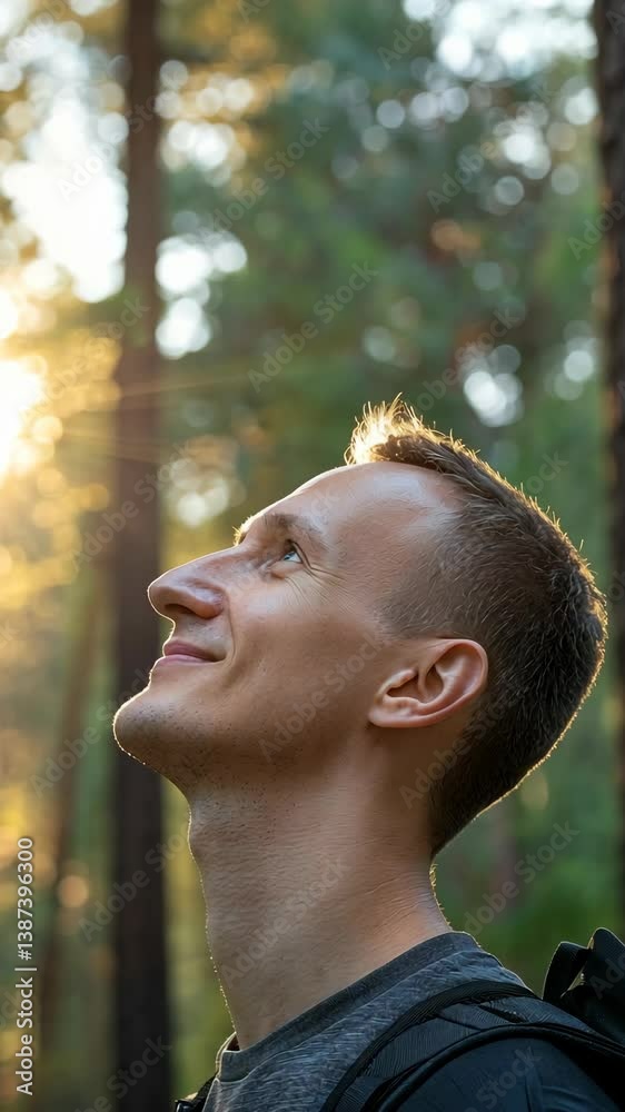 Man enjoying nature in forest during golden hour with sunlight filtering through trees Man enjoying nature in forest during golden hour with sunlight filtering through trees