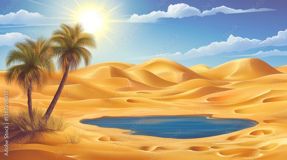 Desert landscape with oases and bright sun