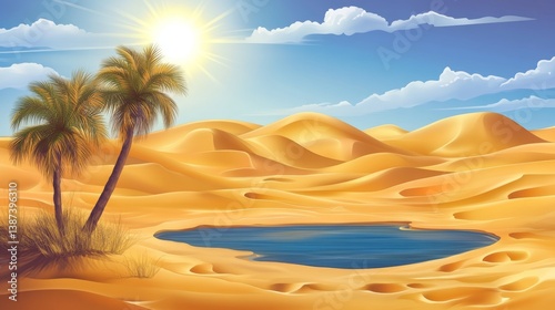 Obraz na płótnie Desert landscape with oases and bright sun w salonie
